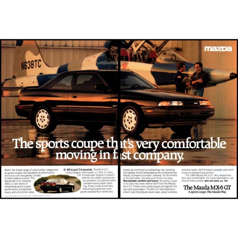 1989 Mazda MX-6 GT Coupe 2 Page Vintage Print Ad Fighter Jet Pilot Wall Art